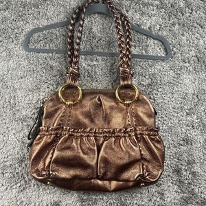 B MAKOWSKY Bronze Metallic Leather Braided Straps Handbag Purse